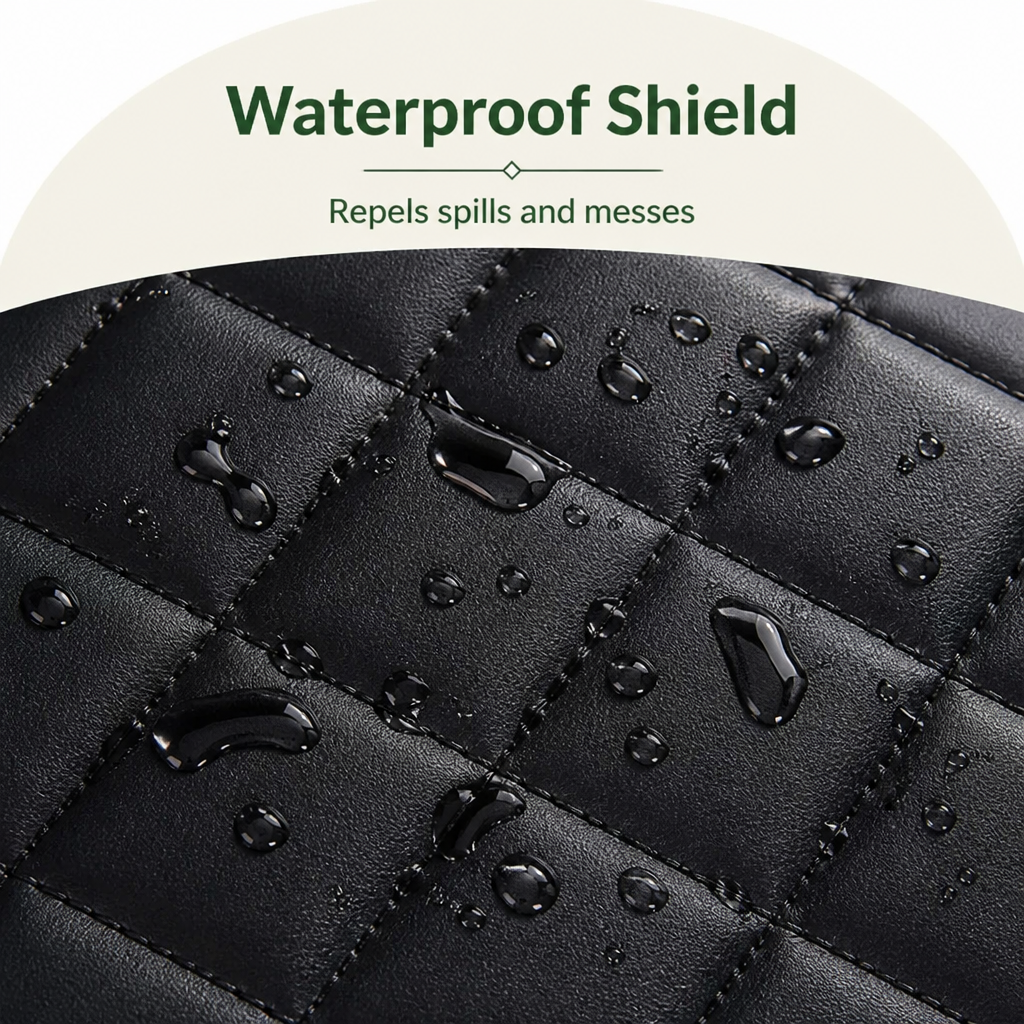 Close-up of water droplets beading on the black quilted surface of the seat cover 3