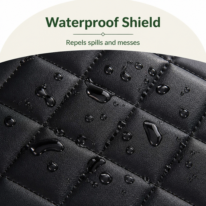 Close-up of water droplets beading on the black quilted surface of the seat cover 3