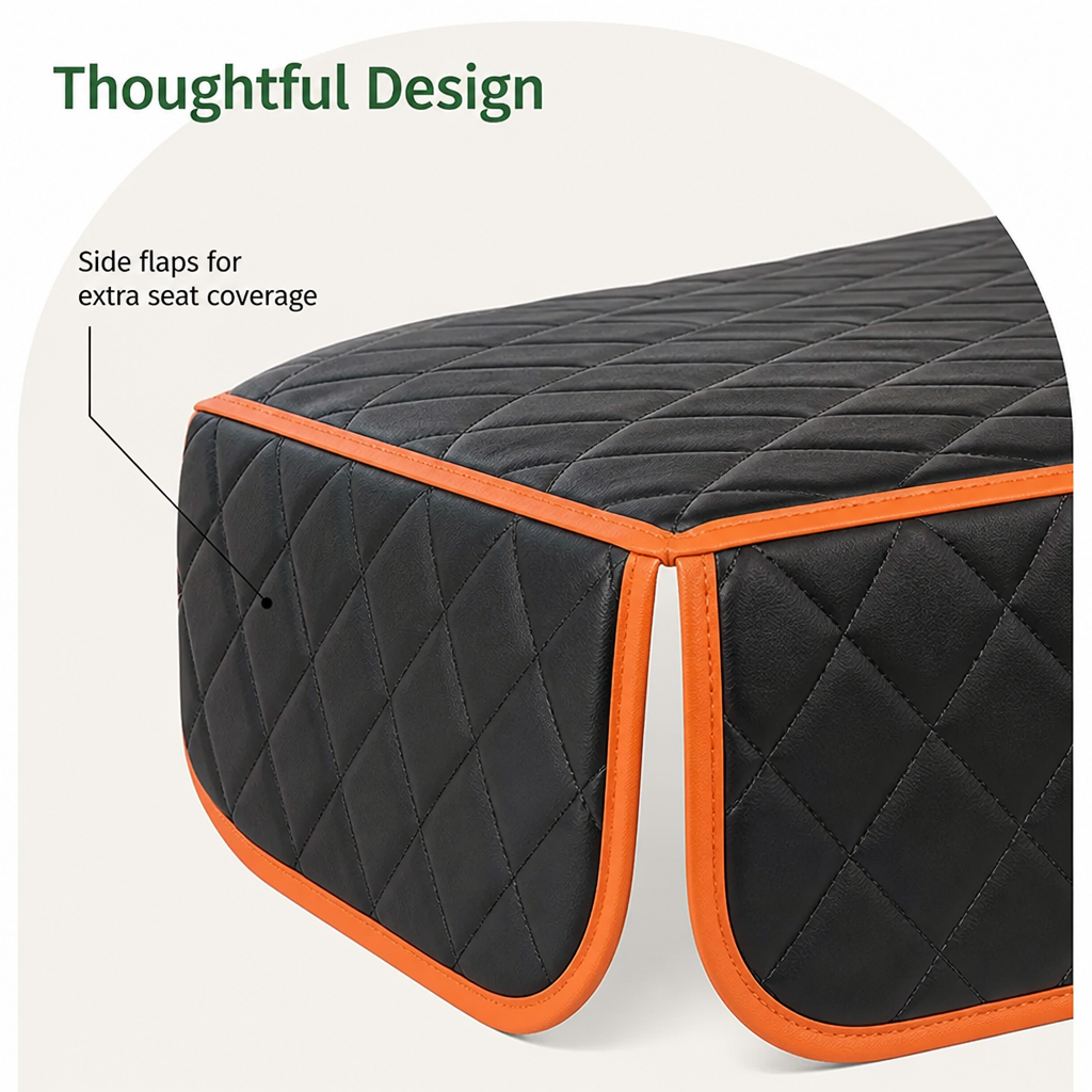 Close-up of a split side flap with orange edging that wraps the front of the seat 4