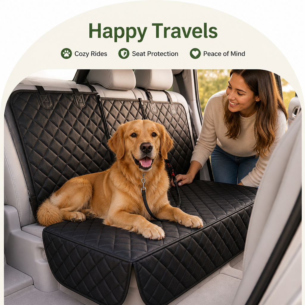 Smiling woman leaning in beside a golden retriever resting on the black quilted seat cover 5