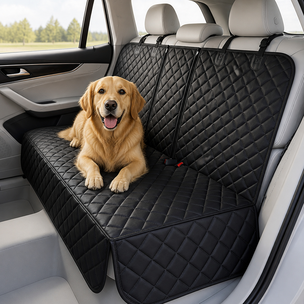 Golden retriever sitting on a black quilted seat cover with plain black edging in a car 7