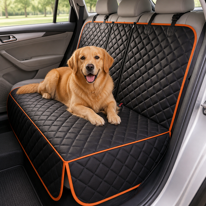 Golden retriever lying on the black quilted seat cover with orange trim, viewed from the open car door 8