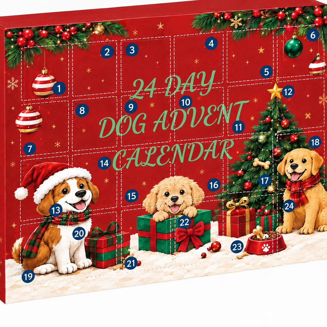 Close-up of the red calendar box front showing numbered doors one to twenty-four, with cartoon puppies, gift boxes and a decorated Christmas tree. 3