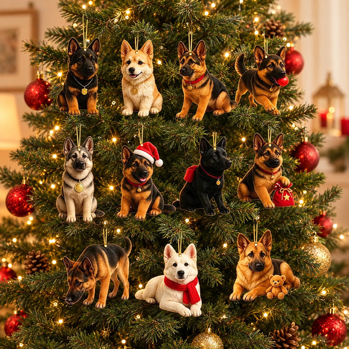 Eleven dog ornaments in assorted poses and festive accessories hang from gold cords on a lit Christmas tree with red and gold baubles. 1