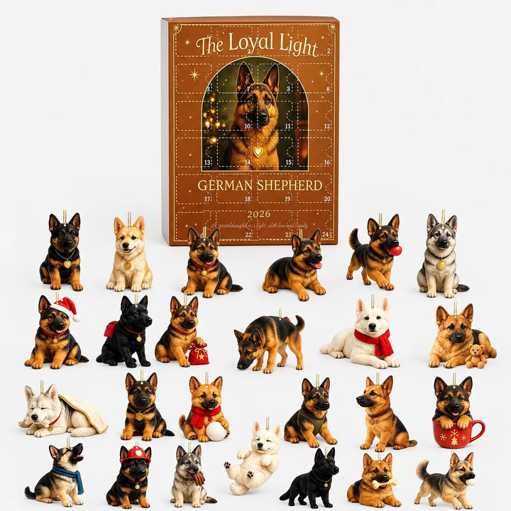 Brown gift box with numbered door panels stands behind two dozen dog ornaments, each with a gold hanging loop, laid out in rows. 2