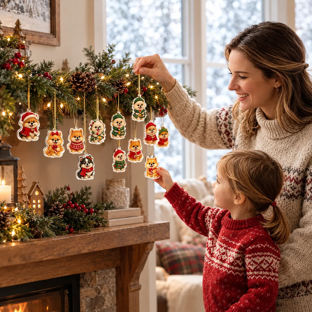 A smiling woman and a child hang clear ornaments with Pomeranian puppies in holiday outfits from a lit pine garland on a fireplace mantel. 1