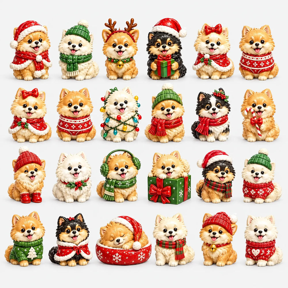 Grid of 24 sculpted Pomeranian figures in Christmas outfits, including Santa hats, scarves, sweaters, reindeer antlers, gift boxes and a candy cane. 2