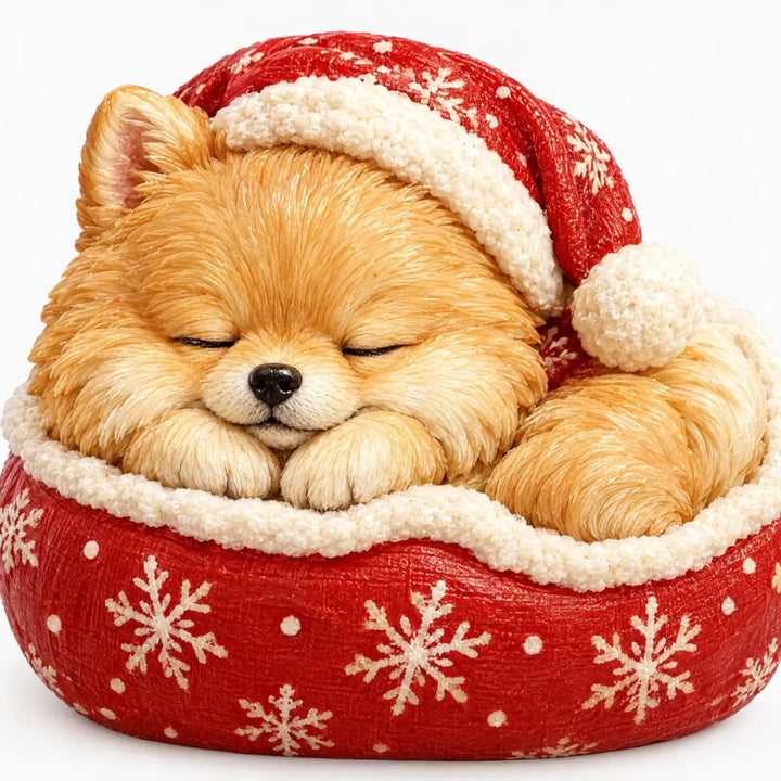 Close-up of a sleeping Pomeranian figure in a red Santa hat, curled in a red snowflake-patterned bed with white fluffy trim. 3