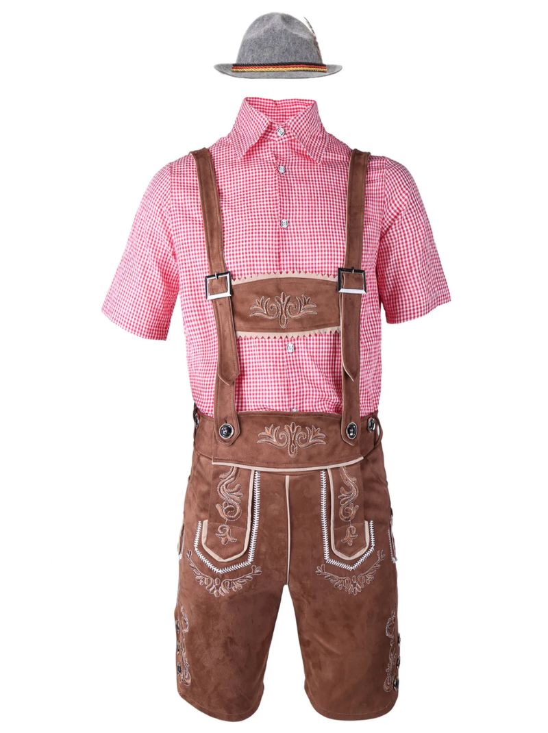 Brown lederhosen costume with pink shirt and gray hat, flat lay another view.