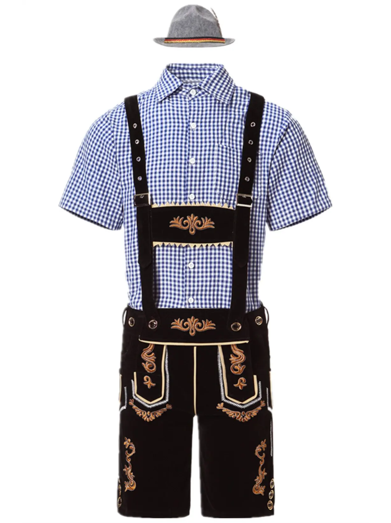 Black lederhosen costume with tan embroidery, blue gingham shirt and gray hat, flat lay another view.
