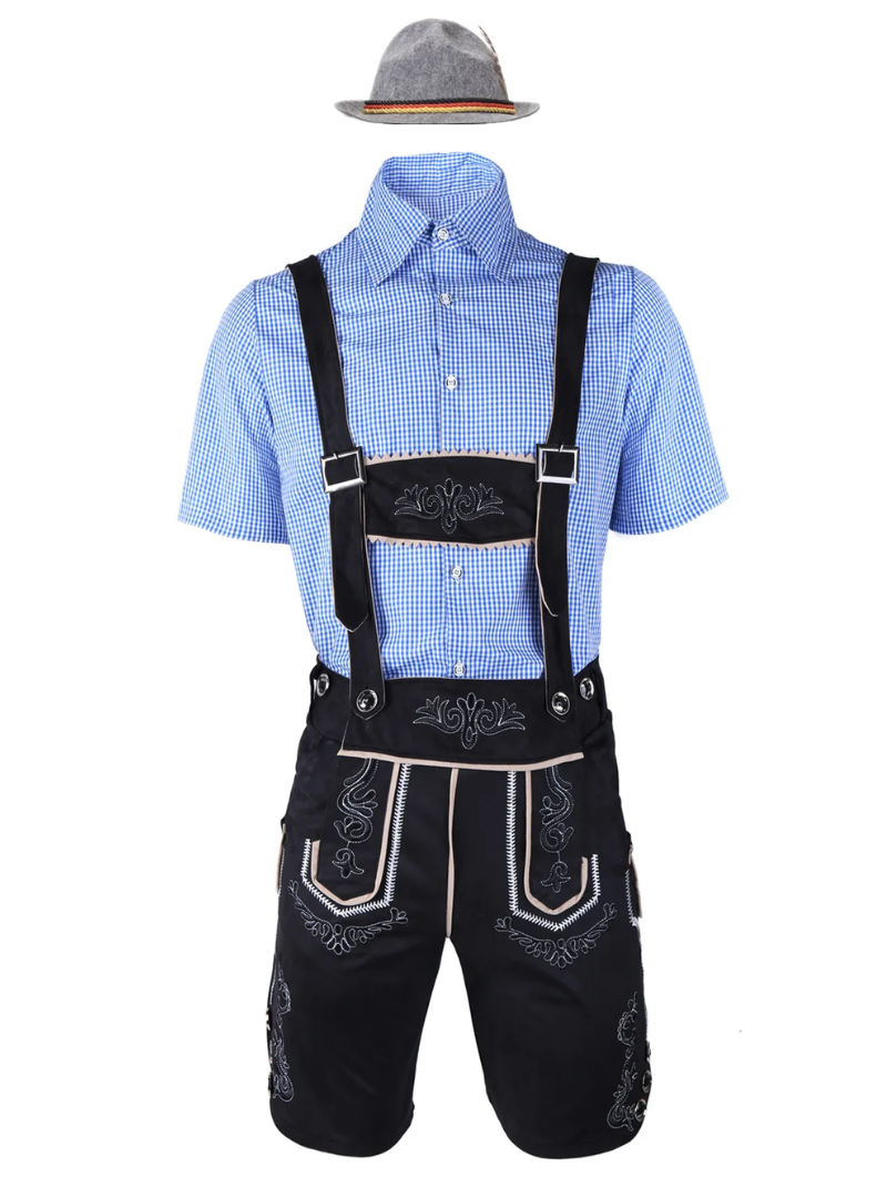 Black lederhosen costume with blue shirt and gray hat, flat lay view.
