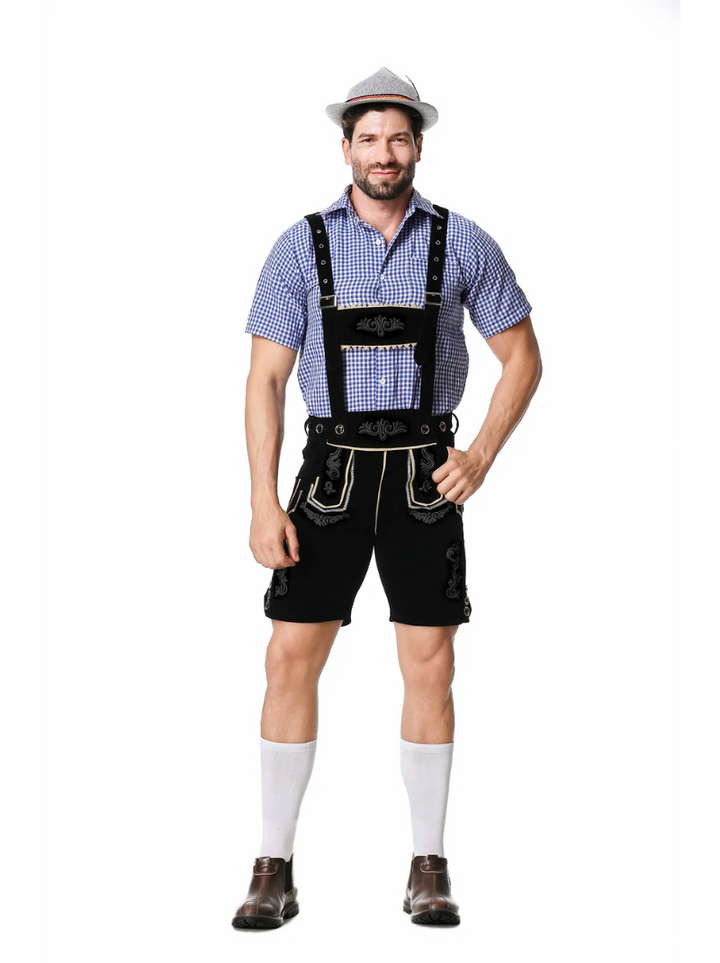 Men's black lederhosen costume worn with gingham shirt, gray hat, white knee socks and brown boots, front view.