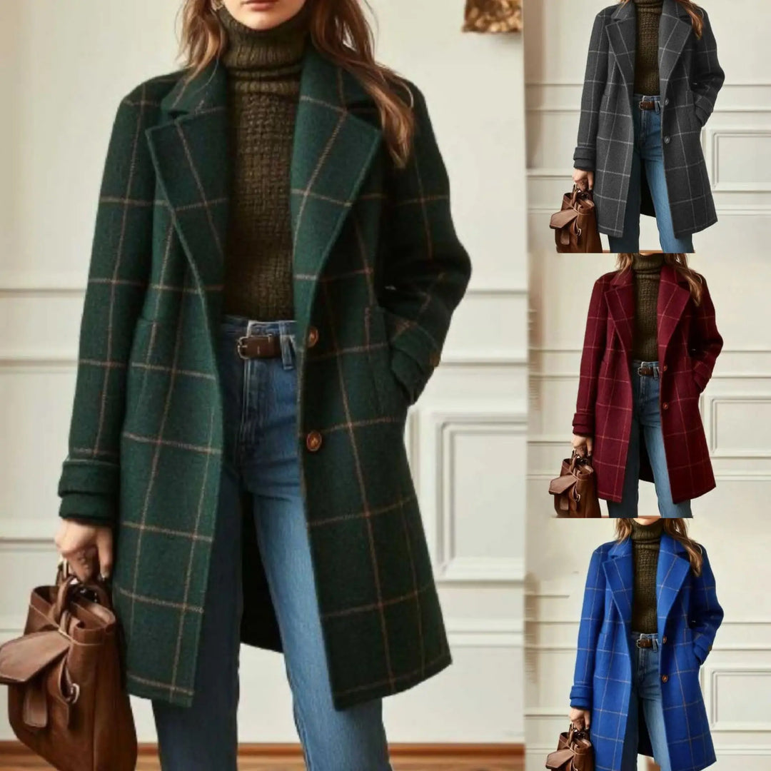 Collage of the green checked coat worn with jeans, beside smaller views in gray, red and blue 1