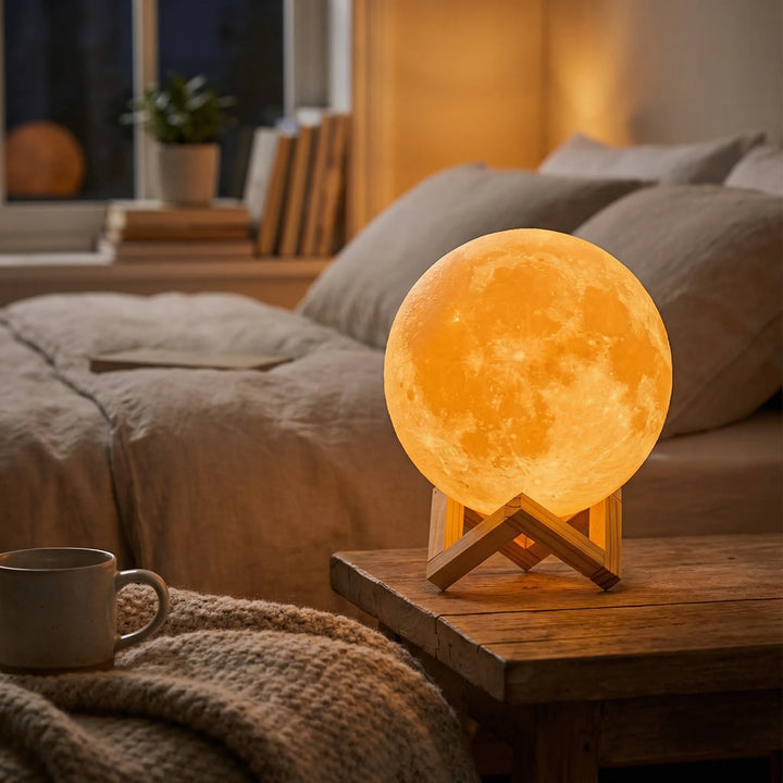 Draadloze Maanlamp Met Houten Standaard - Selenglow