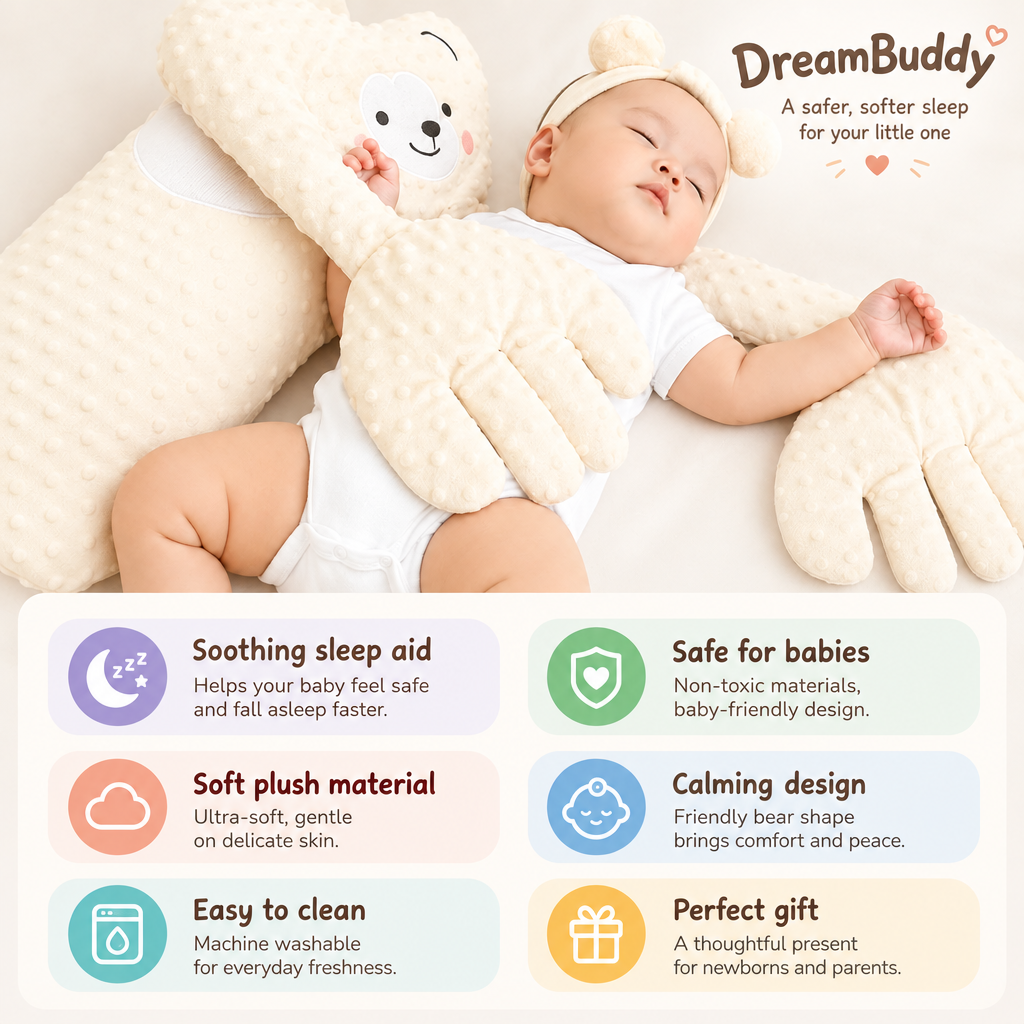 Sleeping baby hugged by a cream plush bear's oversized hands, with an infographic panel listing six benefits such as soft material and machine washing. 3
