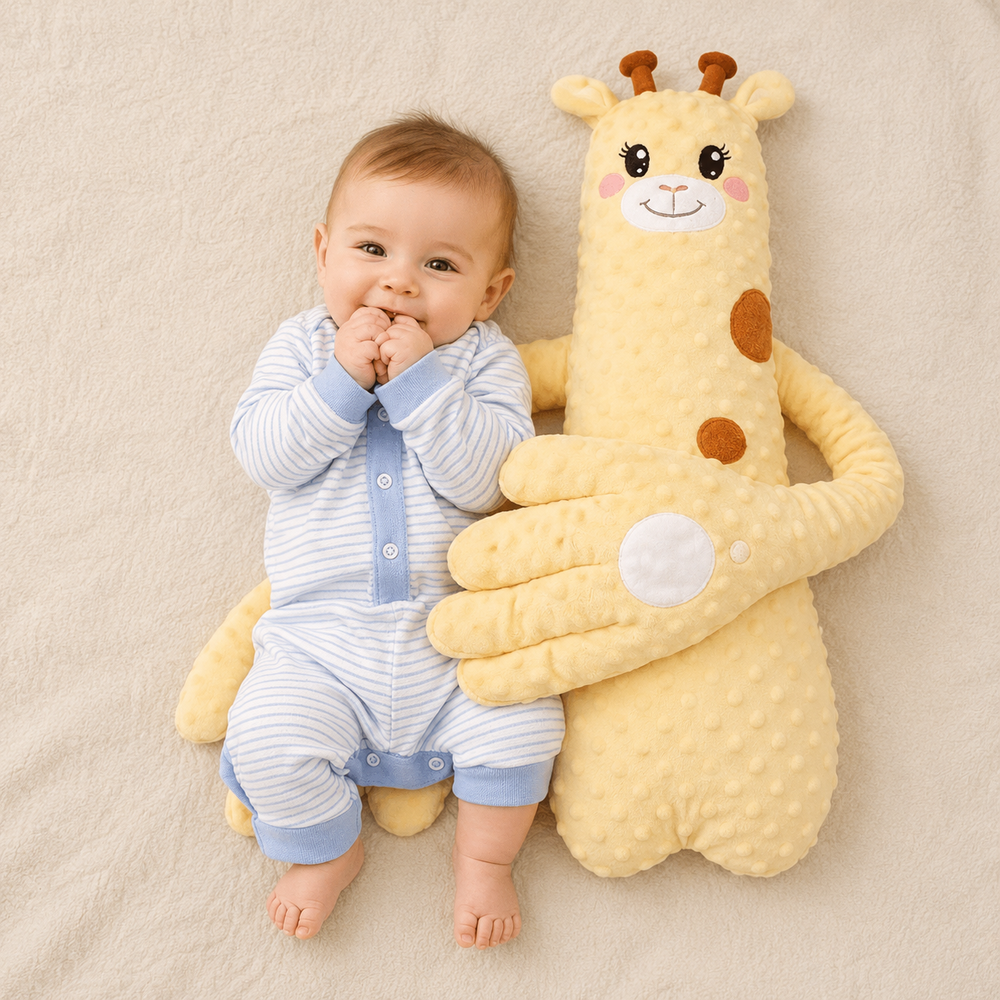 Smiling baby in a blue striped romper lying beside a yellow dotted-plush giraffe whose long arm rests across the baby's tummy. 2