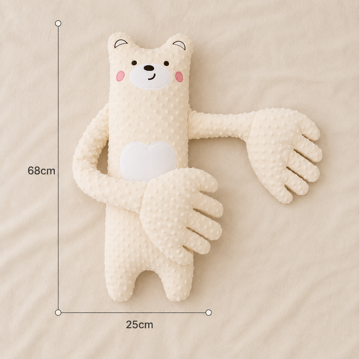 Cream dotted-plush bear with long arms laid flat, showing its overall size with height and width measurement lines beside it. 6