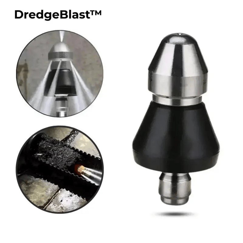 Stainless steel and black drain cleaning nozzle with inset views of spray in a pipe and a clogged grate being blasted.