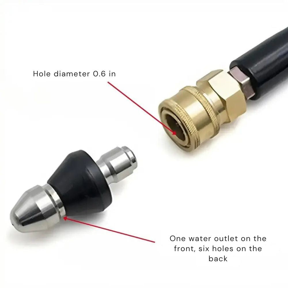 Detail of the nozzle beside a brass quick-connect fitting on a black hose.
