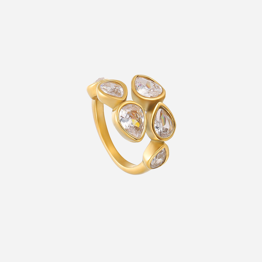 Same gold-tone wrap ring from a different angle, showing the cluster of teardrop crystals and the slim open band. 2