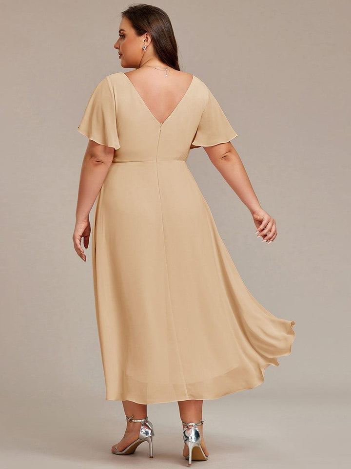 Chiffon High-Low Wedding Guest Dress with V-Neck and Short Sleeves 154