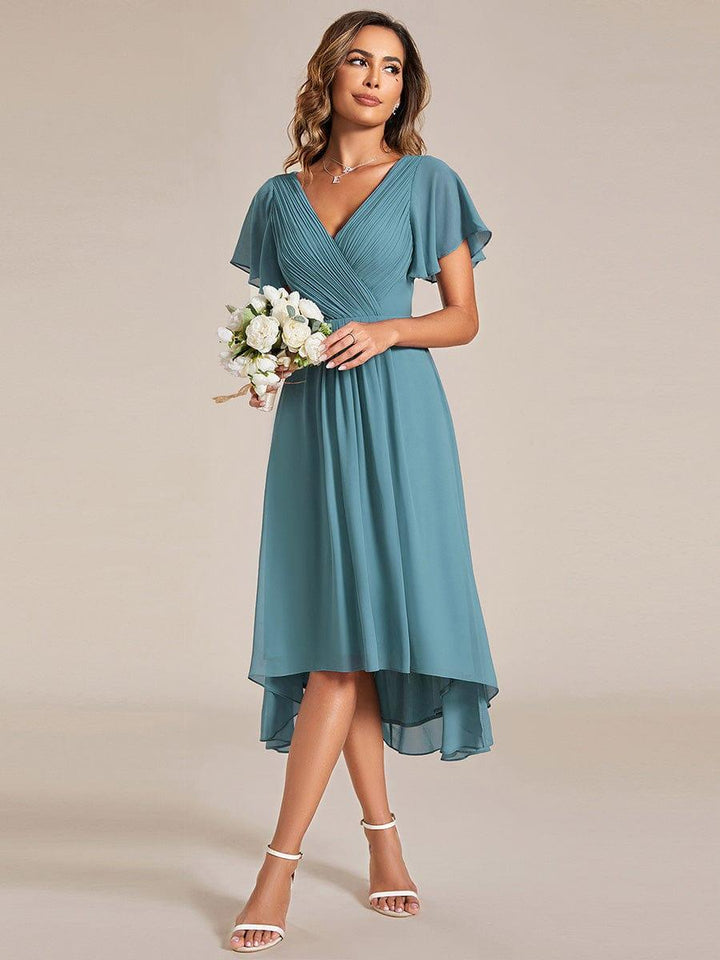Chiffon High-Low Wedding Guest Dress with V-Neck and Short Sleeves 110