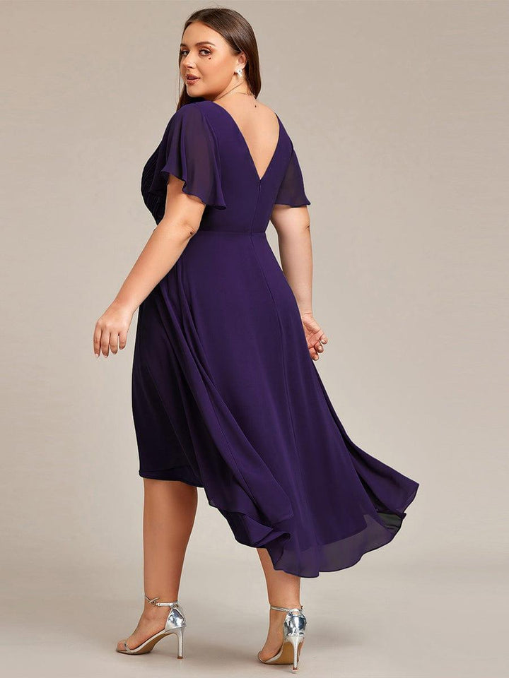 Chiffon High-Low Wedding Guest Dress with V-Neck and Short Sleeves 122