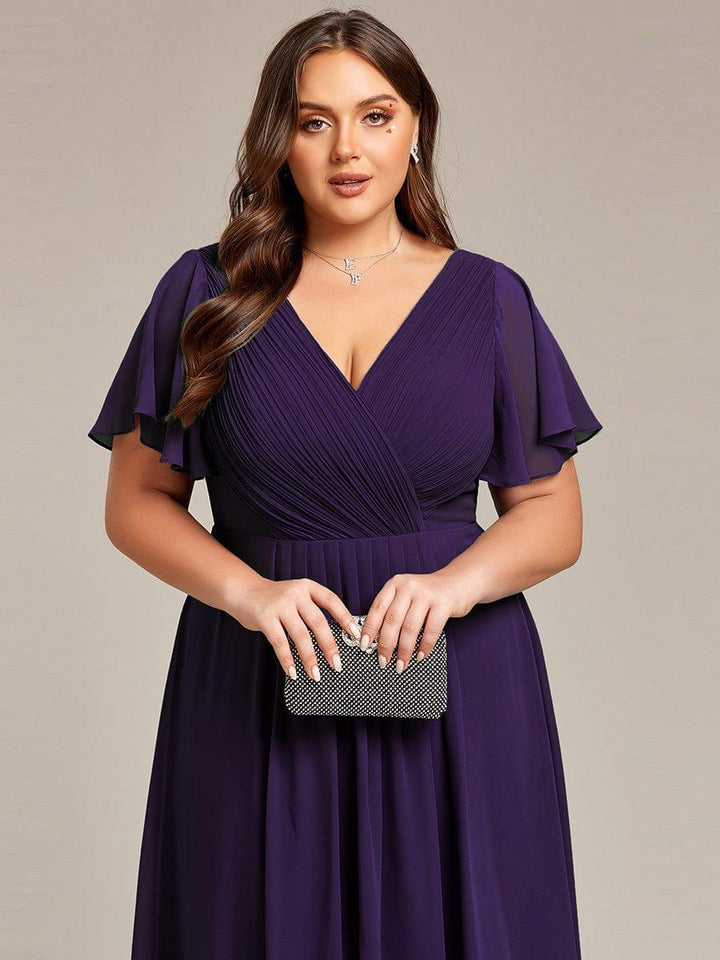 Chiffon High-Low Wedding Guest Dress with V-Neck and Short Sleeves 123