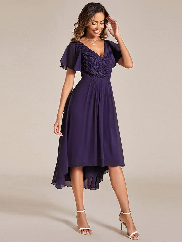 Chiffon High-Low Wedding Guest Dress with V-Neck and Short Sleeves 116