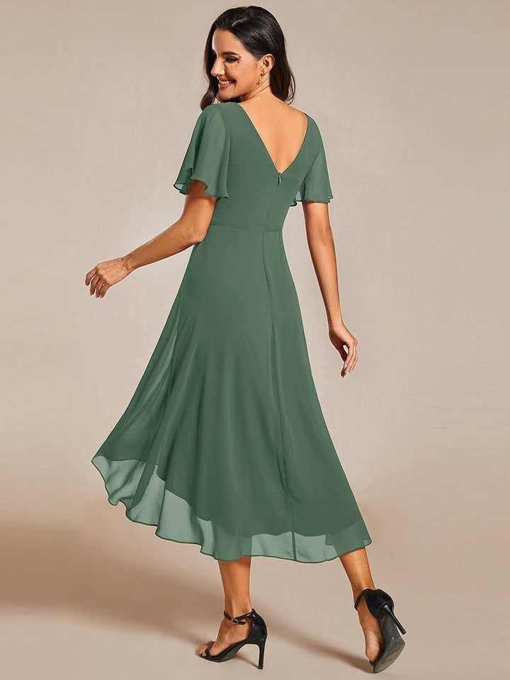 Chiffon High-Low Wedding Guest Dress with V-Neck and Short Sleeves 145