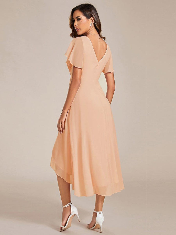 Chiffon High-Low Wedding Guest Dress with V-Neck and Short Sleeves 135