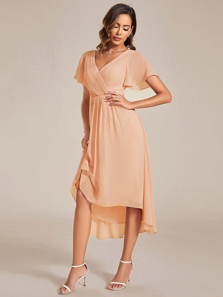 Chiffon High-Low Wedding Guest Dress with V-Neck and Short Sleeves 137
