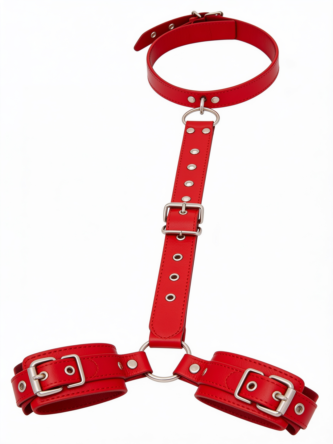 Red set laid out vertically on white: collar at top, central eyelet strap with buckle, and two buckled wrist cuffs joined by a ring. 10