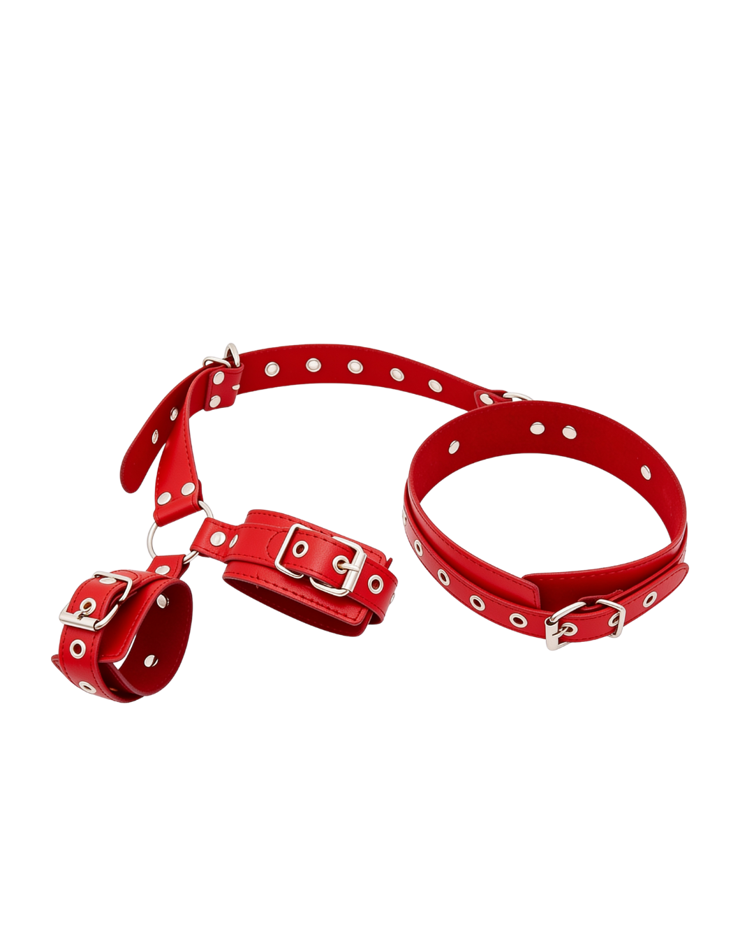 Red collar and wrist cuffs laid flat on white, connected by a long eyelet strap with silver buckles and metal rings. 9