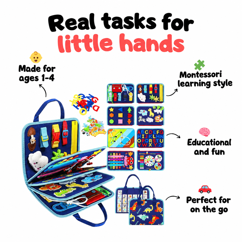 Infographic of the blue activity book open beside its eight page previews and dinosaur bag, with callouts on age range and portability. 9