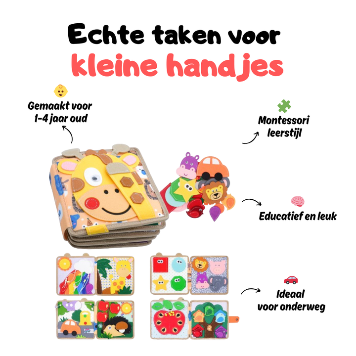 Infographic of the giraffe felt book with loose pieces and four open spreads, highlighting age range, learning style and portability.