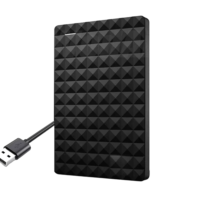 Slim black hard drive with a pyramid-textured top standing upright, its USB cable attached and plug extending out to the left. 1