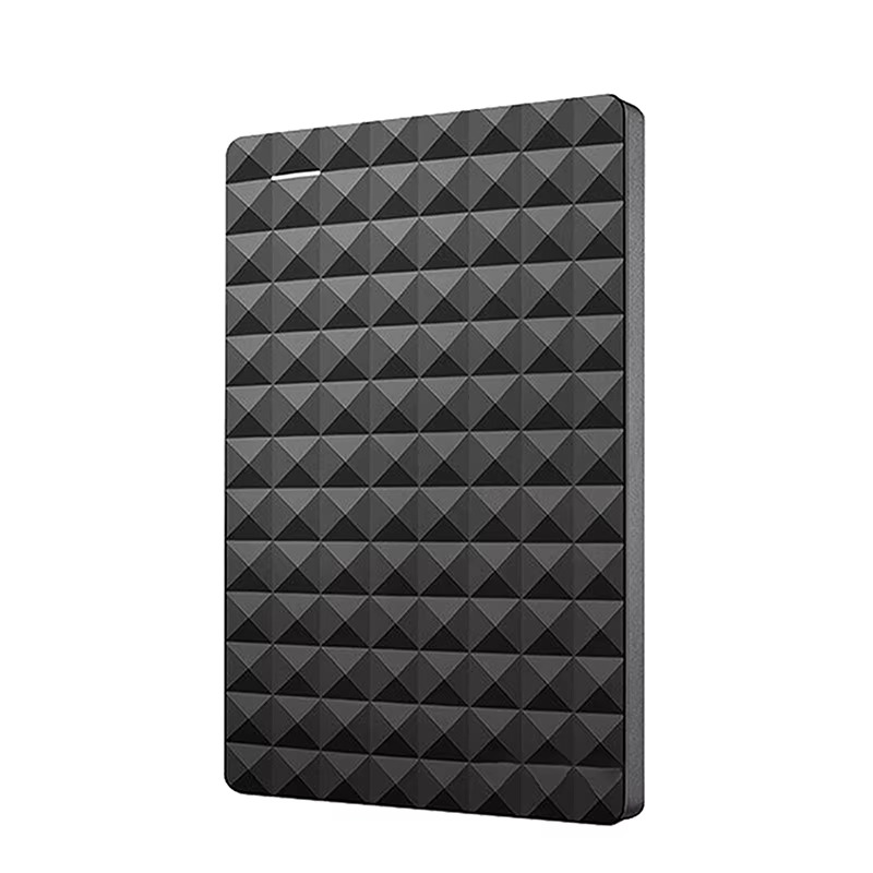 Front view of the slim black drive showing its diamond-patterned top surface and a small indicator light near the upper left corner. 2