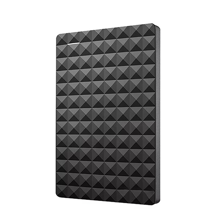 Front view of the slim black drive showing its diamond-patterned top surface and a small indicator light near the upper left corner. 2