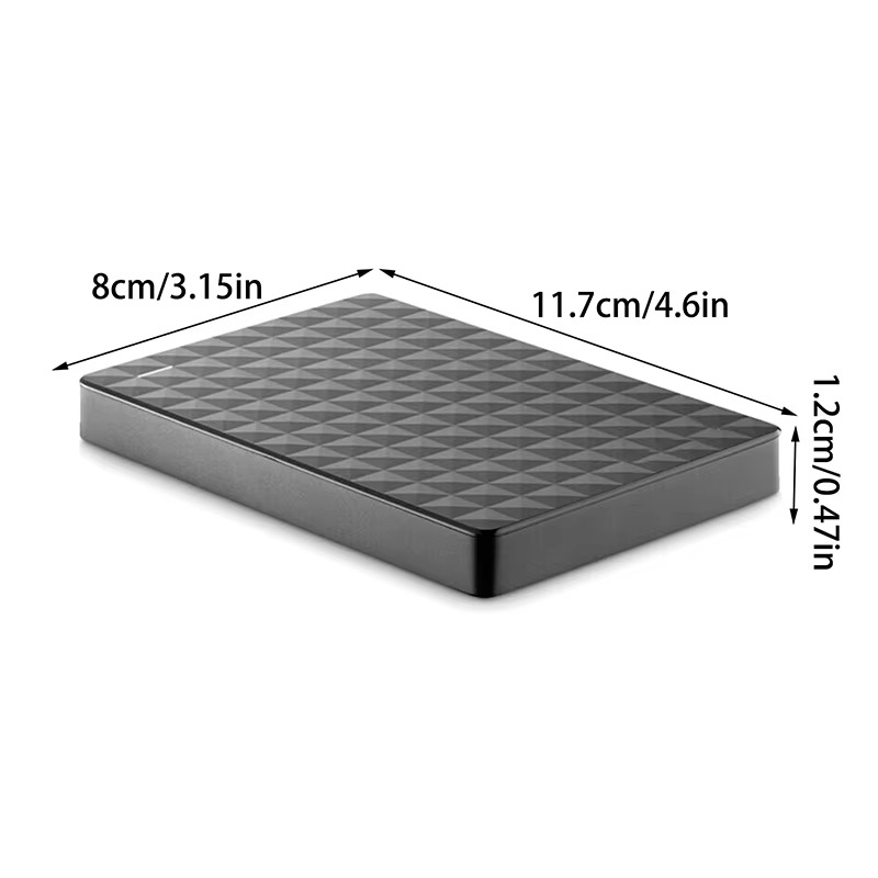 Diagram of the drive's dimensions, with arrows marking its width, length and thickness in centimeters and inches. 5