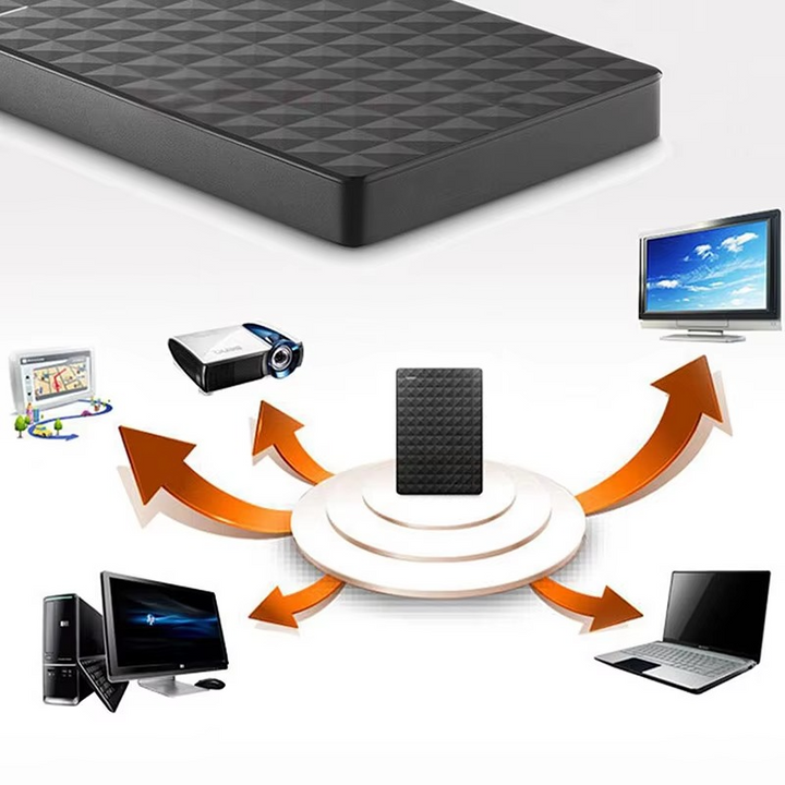 Illustration of the drive in the center with arrows pointing to a TV, projector, GPS unit, desktop computer and laptop it can connect to. 6