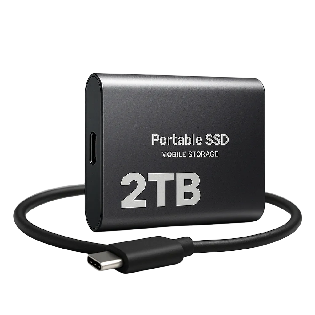 Slim black metal portable drive standing upright on a white background, with a coiled black USB-C cable looped around its base. 1