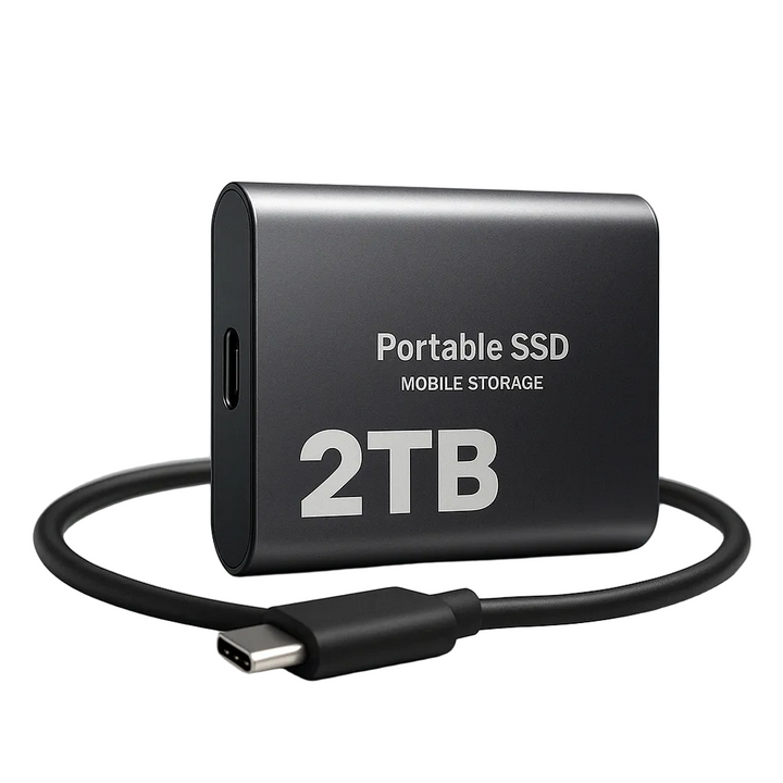 Slim black metal portable drive standing upright on a white background, with a coiled black USB-C cable looped around its base. 1