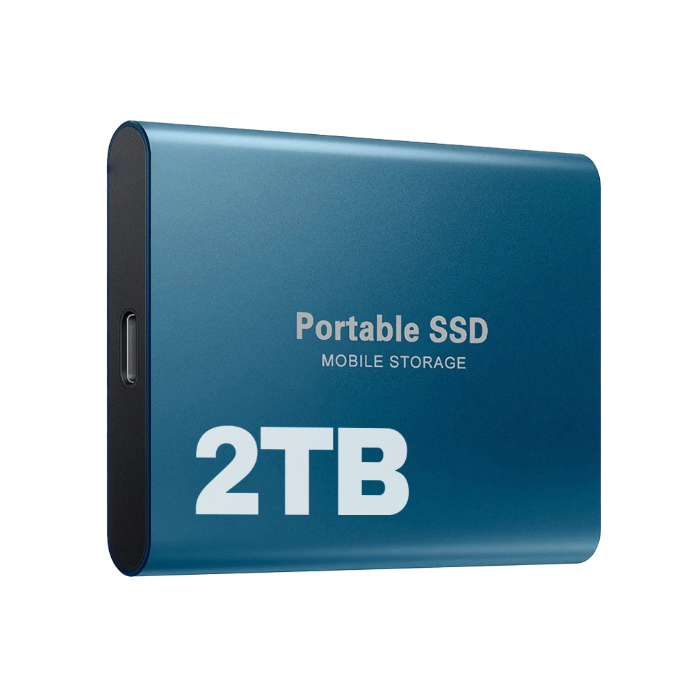 Blue version of the slim portable drive angled on a white background, showing the USB-C port on its dark end panel. 3