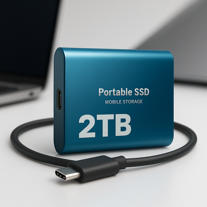 Blue portable drive standing on a white desk beside a blurred laptop, with a black USB-C cable looped in front. 4
