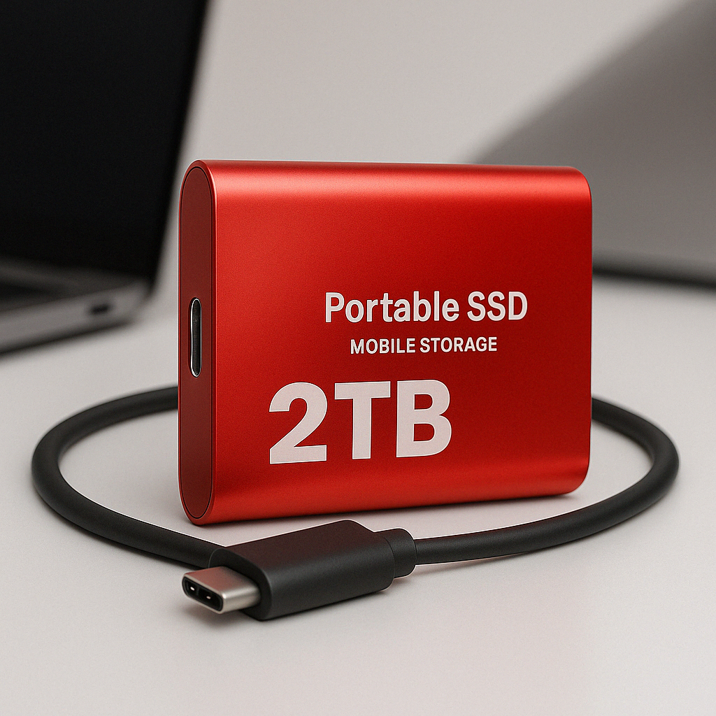 Red portable drive standing on a light desk with a blurred laptop behind it and a black USB-C cable curled around. 5