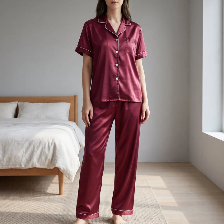 Woman in a burgundy satin short-sleeve pajama set with white piping, standing in a bright bedroom beside a wooden bed. 1