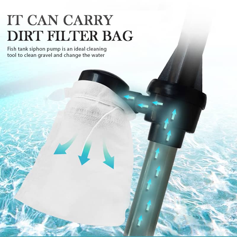 Electric Aquarium Gravel Cleaner Battery Suction Pump for Water Changes with white mesh dirt filter bag attached.
