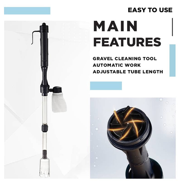 Electric Aquarium Gravel Cleaner Battery Suction Pump for Water Changes on a white background with filter bag and tip.
