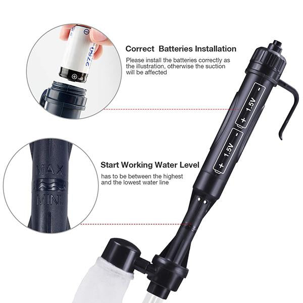 Electric Aquarium Gravel Cleaner Battery Suction Pump for Water Changes with a battery inserted at the top.
